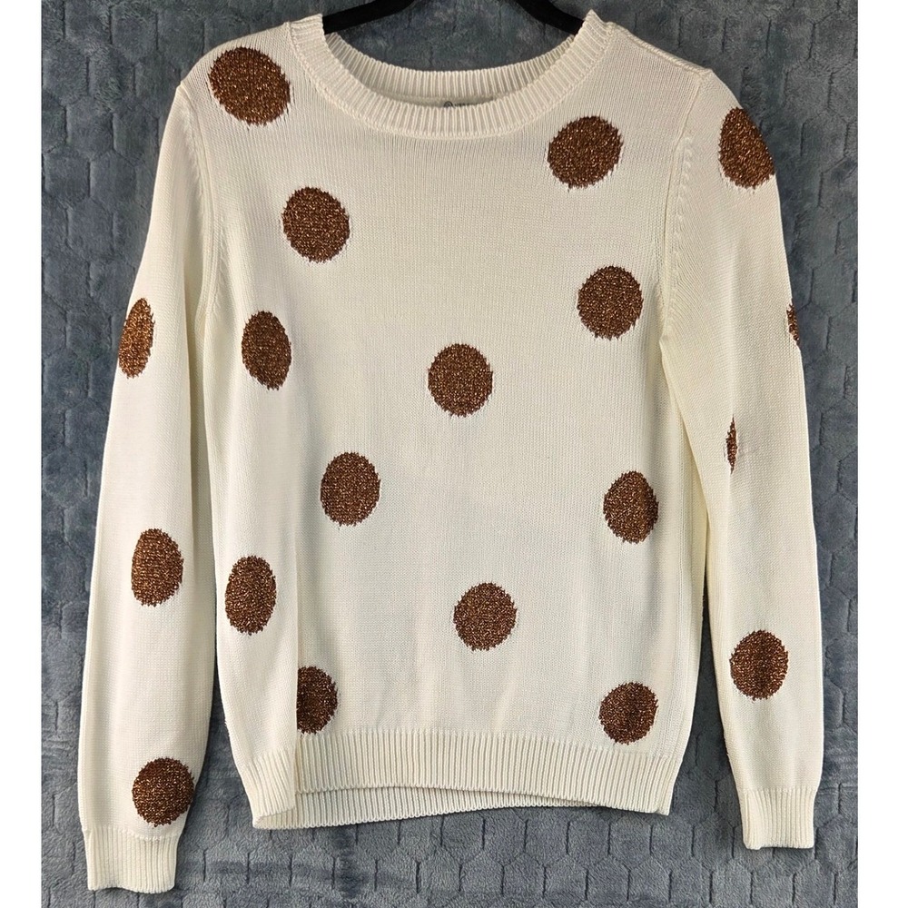 Versona Womens Cream Copper Metallic Polka Dot Crew Neck Sweater Small RN37080